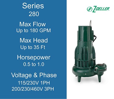Zoeller Sewage Pumps, 280 Series, 0.5 to 1.0 Horsepower, 115/230 Volts 1 Phase, 200/230/460 Volts 3 Phase